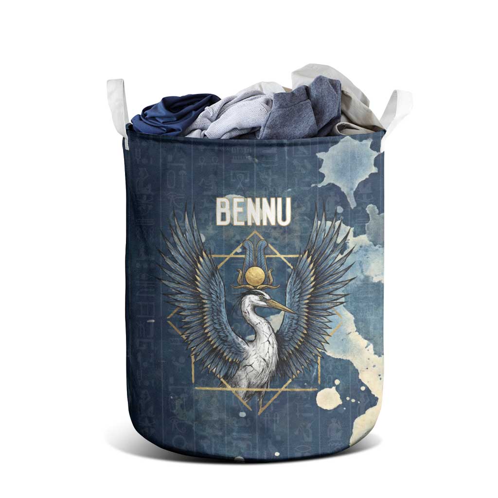 Bennu Ancient Egyptian Laundry Basket with Deep Blue Ink Wash, Winged Bennu Bird and Soul of Ra - Wonder Print Shop