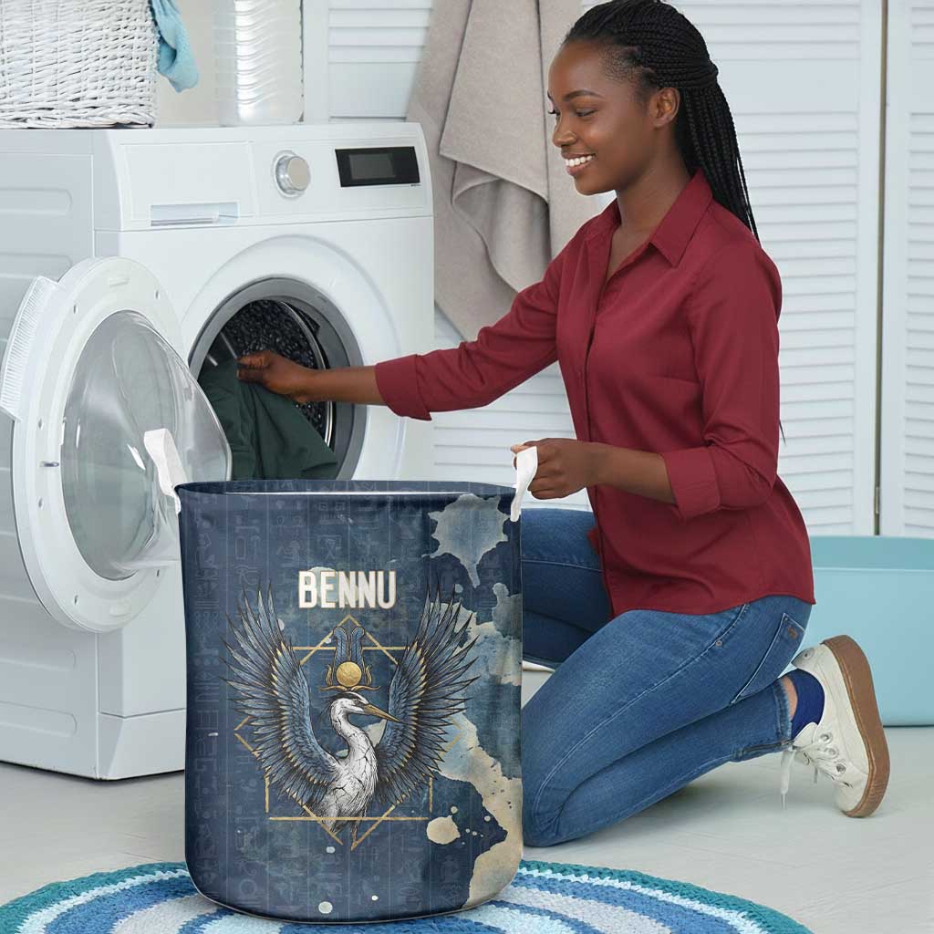 Bennu Ancient Egyptian Laundry Basket with Deep Blue Ink Wash, Winged Bennu Bird and Soul of Ra - Wonder Print Shop