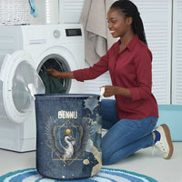 Bennu Ancient Egyptian Laundry Basket with Deep Blue Ink Wash, Winged Bennu Bird and Soul of Ra - Wonder Print Shop