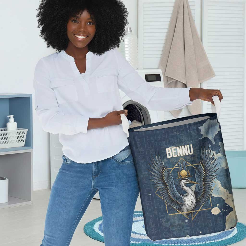 Bennu Ancient Egyptian Laundry Basket with Deep Blue Ink Wash, Winged Bennu Bird and Soul of Ra - Wonder Print Shop