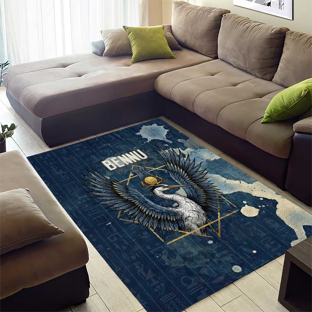 Bennu Ancient Egyptian Area Rug with Deep Blue Ink Wash, Winged Bennu Bird and Soul of Ra - Wonder Print Shop