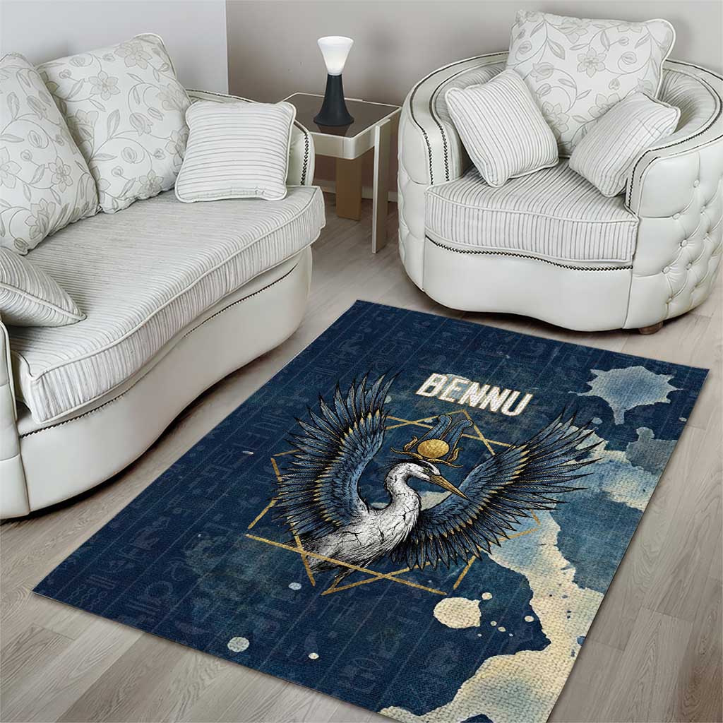 Bennu Ancient Egyptian Area Rug with Deep Blue Ink Wash, Winged Bennu Bird and Soul of Ra - Wonder Print Shop