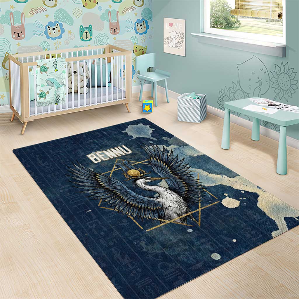 Bennu Ancient Egyptian Area Rug with Deep Blue Ink Wash, Winged Bennu Bird and Soul of Ra - Wonder Print Shop