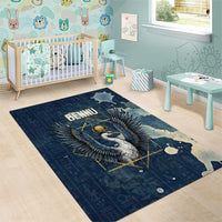 Bennu Ancient Egyptian Area Rug with Deep Blue Ink Wash, Winged Bennu Bird and Soul of Ra - Wonder Print Shop