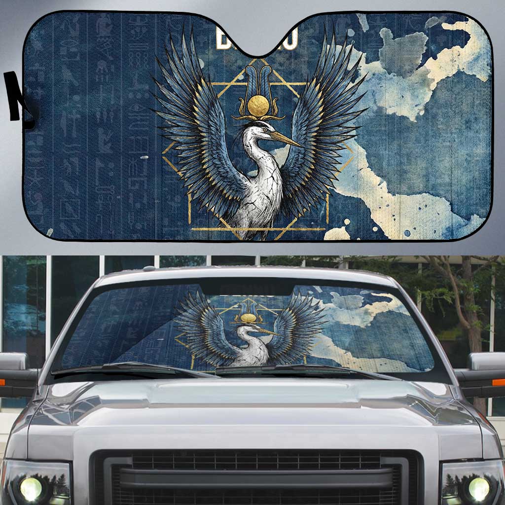 Bennu Ancient Egyptian Auto Sun Shade with Deep Blue Ink Wash, Winged Bennu Bird and Soul of Ra - Wonder Print Shop
