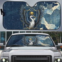 Bennu Ancient Egyptian Auto Sun Shade with Deep Blue Ink Wash, Winged Bennu Bird and Soul of Ra - Wonder Print Shop
