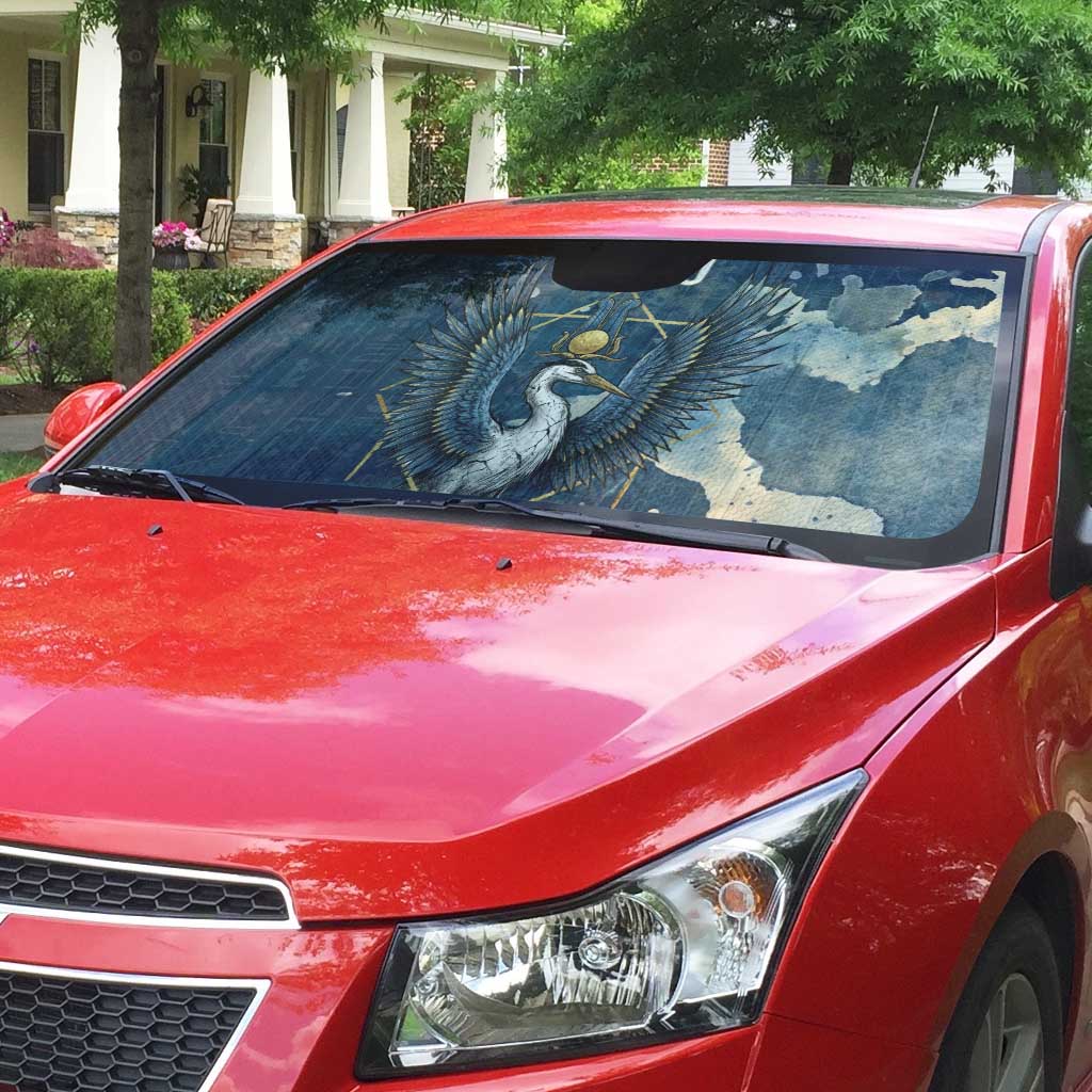 Bennu Ancient Egyptian Auto Sun Shade with Deep Blue Ink Wash, Winged Bennu Bird and Soul of Ra - Wonder Print Shop