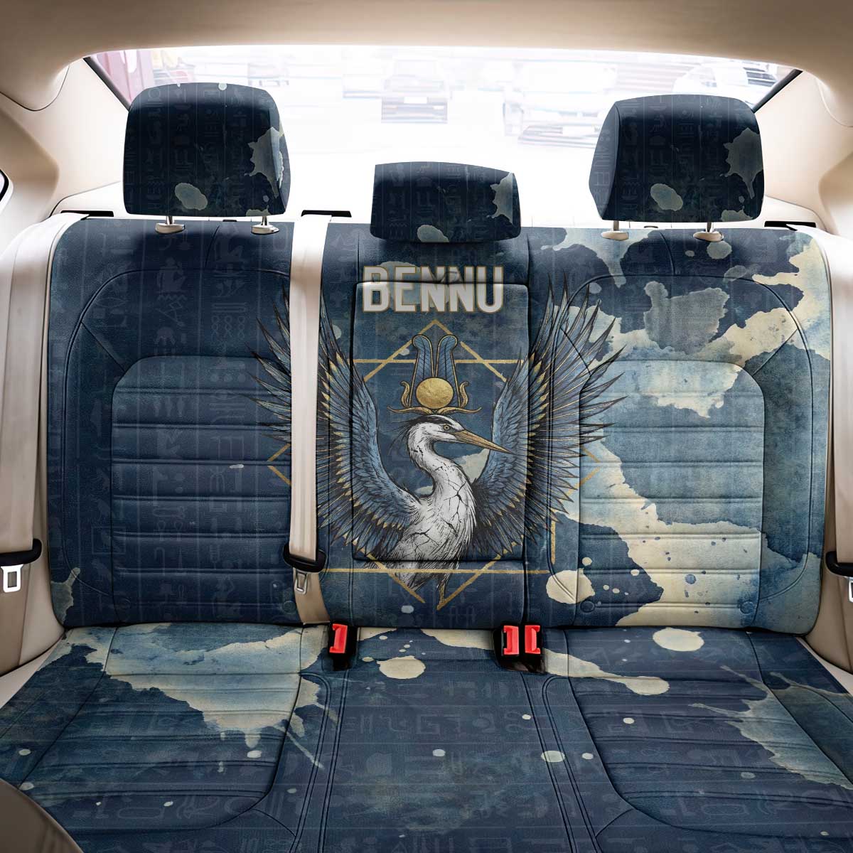 Bennu Ancient Egyptian Back Car Seat Cover with Deep Blue Ink Wash, Winged Bennu Bird and Soul of Ra - Wonder Print Shop