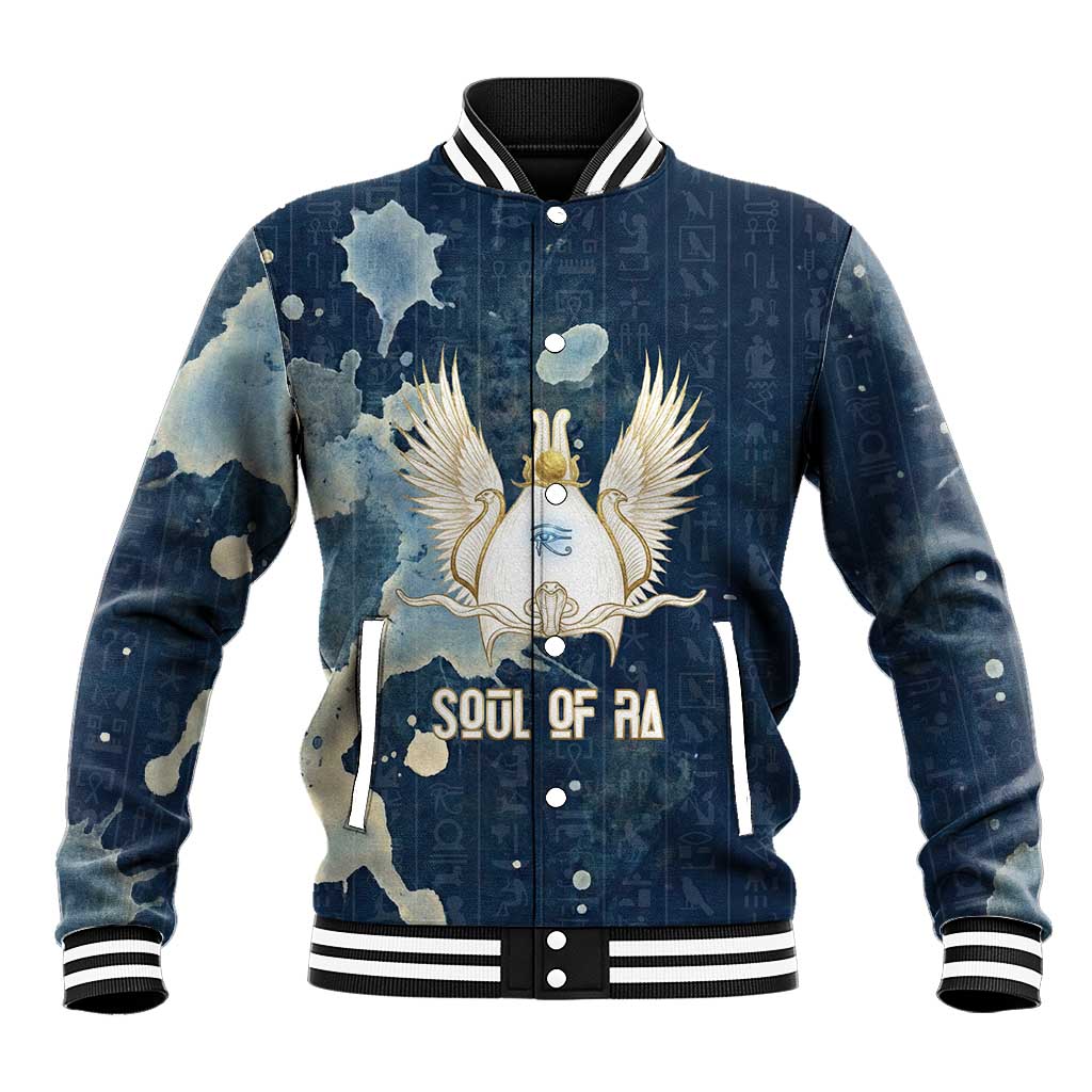 Bennu Ancient Egyptian Baseball Jacket with Deep Blue Ink Wash, Winged Bennu Bird and Soul of Ra - Wonder Print Shop