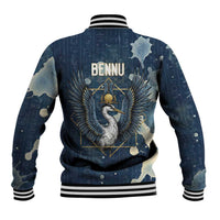 Bennu Ancient Egyptian Baseball Jacket with Deep Blue Ink Wash, Winged Bennu Bird and Soul of Ra - Wonder Print Shop