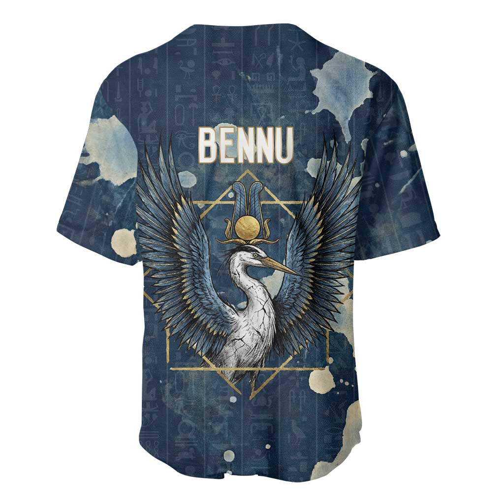 Bennu Ancient Egyptian Baseball Jersey with Deep Blue Ink Wash, Winged Bennu Bird and Soul of Ra - Wonder Print Shop
