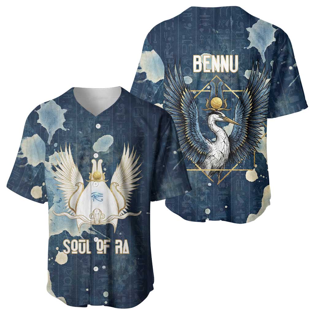 Bennu Ancient Egyptian Baseball Jersey with Deep Blue Ink Wash, Winged Bennu Bird and Soul of Ra - Wonder Print Shop