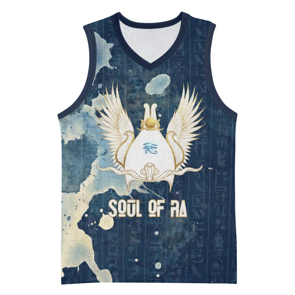 Bennu Ancient Egyptian Basketball Jersey with Deep Blue Ink Wash, Winged Bennu Bird and Soul of Ra - Wonder Print Shop