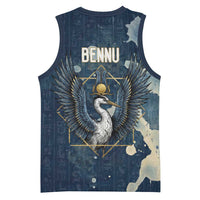 Bennu Ancient Egyptian Basketball Jersey with Deep Blue Ink Wash, Winged Bennu Bird and Soul of Ra - Wonder Print Shop