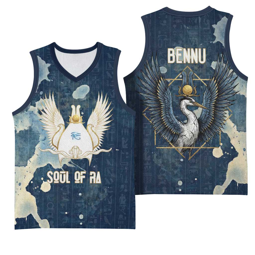 Bennu Ancient Egyptian Basketball Jersey with Deep Blue Ink Wash, Winged Bennu Bird and Soul of Ra - Wonder Print Shop