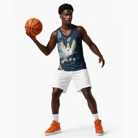 Bennu Ancient Egyptian Basketball Jersey with Deep Blue Ink Wash, Winged Bennu Bird and Soul of Ra - Wonder Print Shop