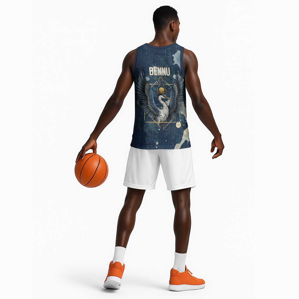 Bennu Ancient Egyptian Basketball Jersey with Deep Blue Ink Wash, Winged Bennu Bird and Soul of Ra - Wonder Print Shop