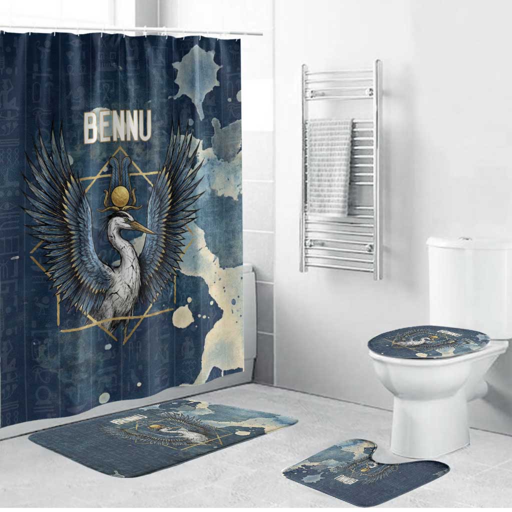 Bennu Ancient Egyptian Bathroom Set with Deep Blue Ink Wash, Winged Bennu Bird and Soul of Ra - Wonder Print Shop