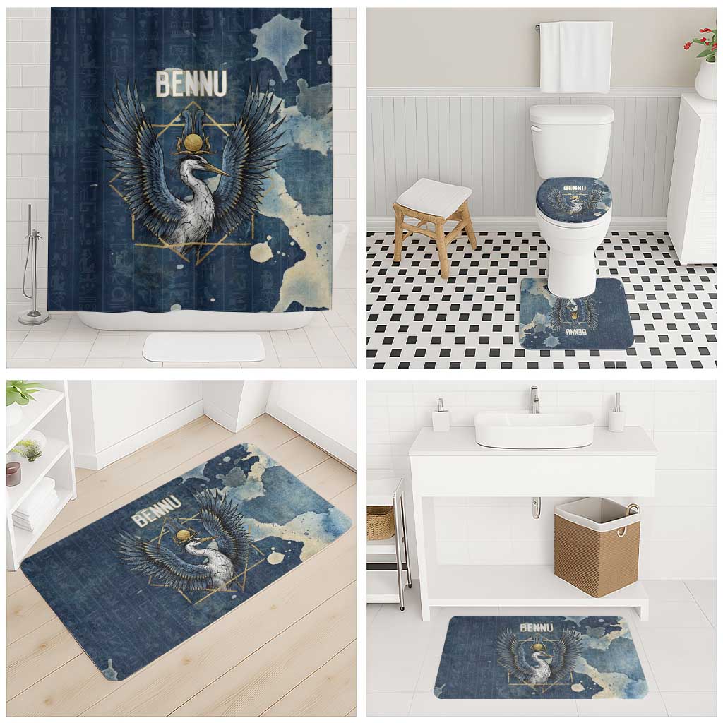 Bennu Ancient Egyptian Bathroom Set with Deep Blue Ink Wash, Winged Bennu Bird and Soul of Ra - Wonder Print Shop