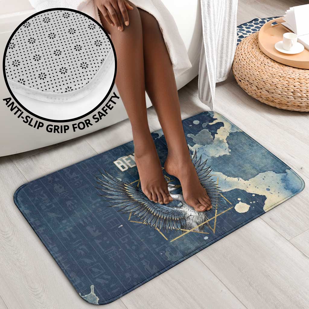 Bennu Ancient Egyptian Bathroom Set with Deep Blue Ink Wash, Winged Bennu Bird and Soul of Ra - Wonder Print Shop