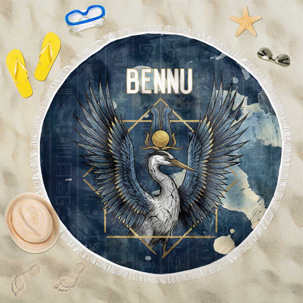 Bennu Ancient Egyptian Beach Blanket with Deep Blue Ink Wash, Winged Bennu Bird and Soul of Ra - Wonder Print Shop
