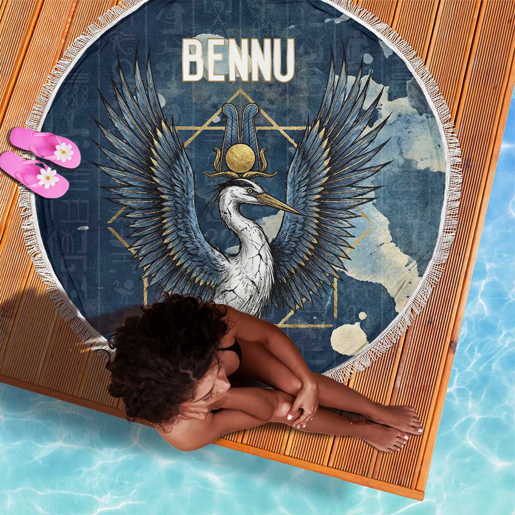 Bennu Ancient Egyptian Beach Blanket with Deep Blue Ink Wash, Winged Bennu Bird and Soul of Ra - Wonder Print Shop