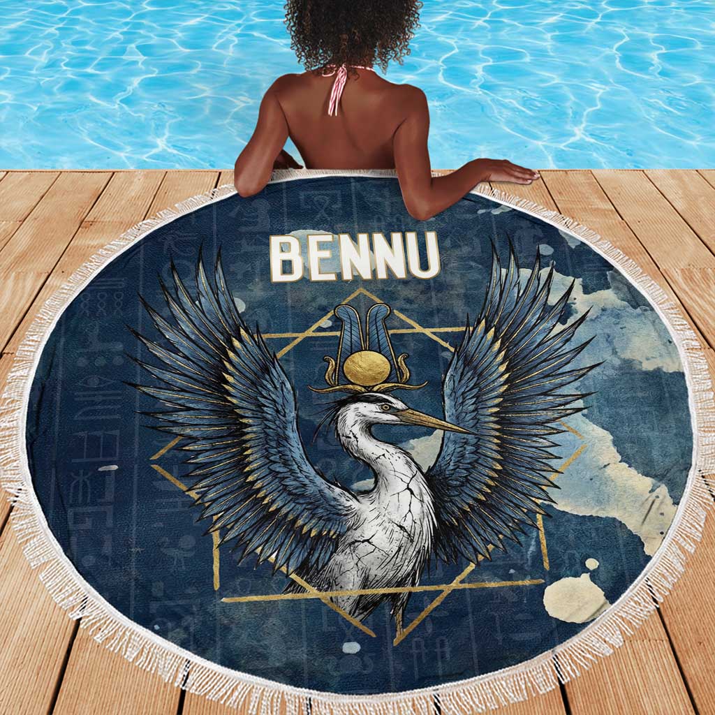 Bennu Ancient Egyptian Beach Blanket with Deep Blue Ink Wash, Winged Bennu Bird and Soul of Ra - Wonder Print Shop