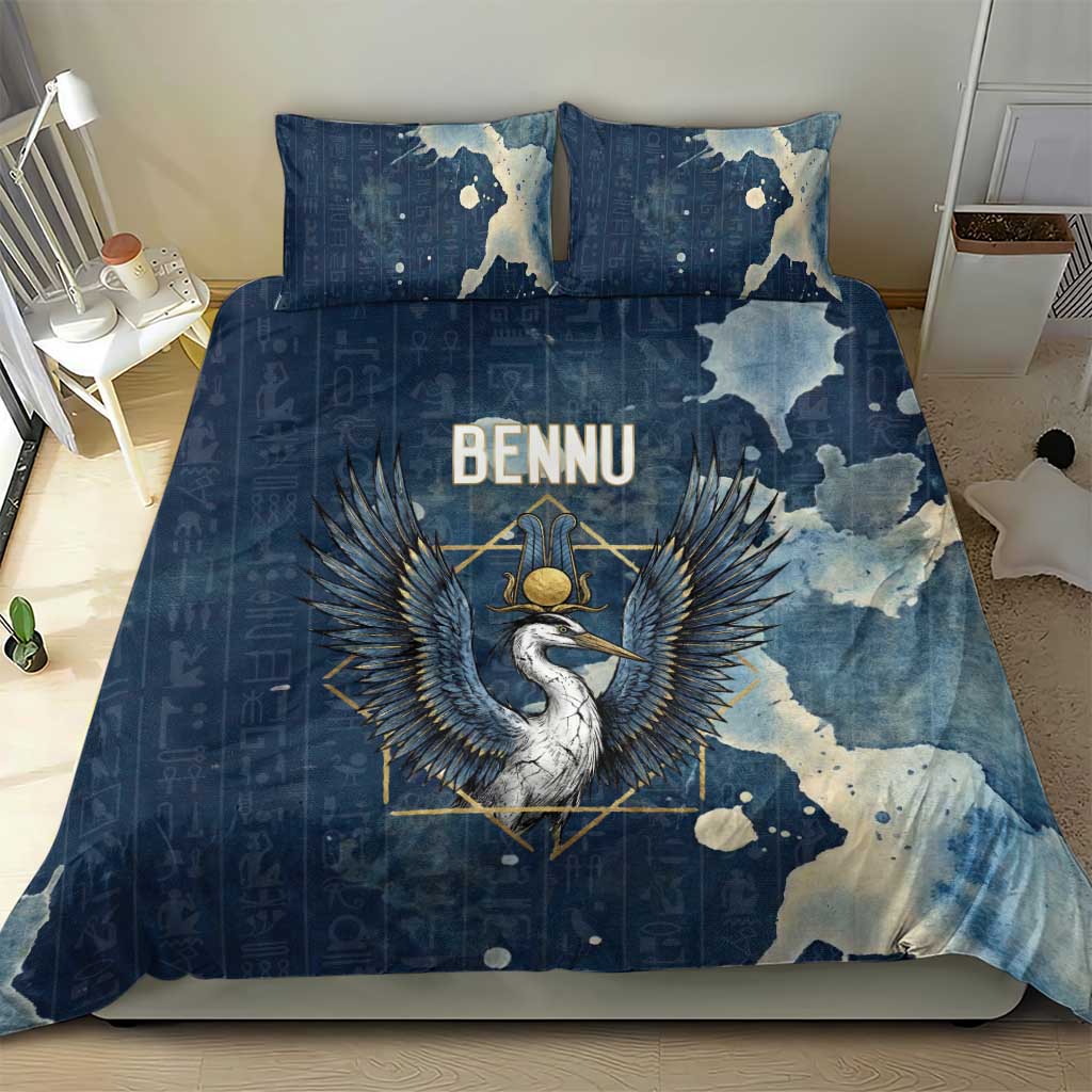 Bennu Ancient Egyptian Bedding Set with Deep Blue Ink Wash, Winged Bennu Bird and Soul of Ra - Wonder Print Shop