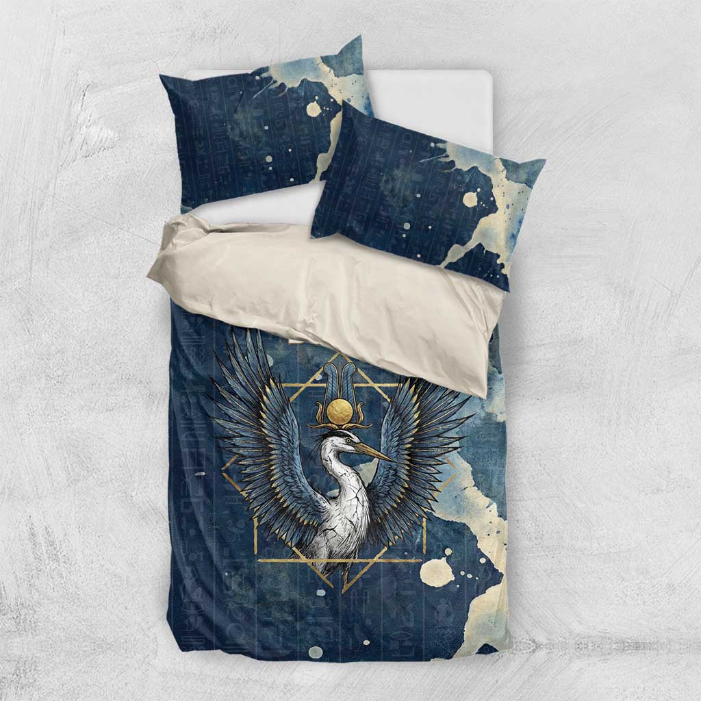 Bennu Ancient Egyptian Bedding Set with Deep Blue Ink Wash, Winged Bennu Bird and Soul of Ra - Wonder Print Shop