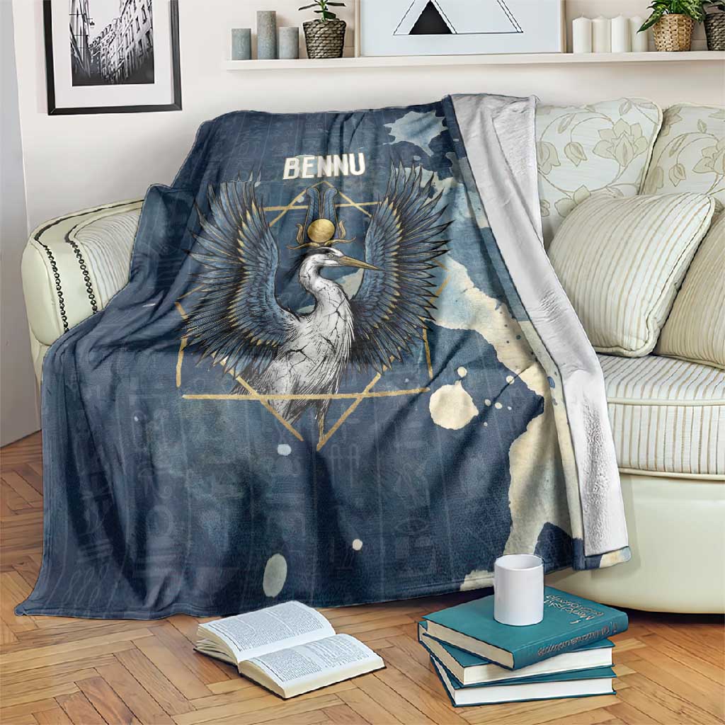 Bennu Ancient Egyptian Blanket with Deep Blue Ink Wash, Winged Bennu Bird and Soul of Ra - Wonder Print Shop