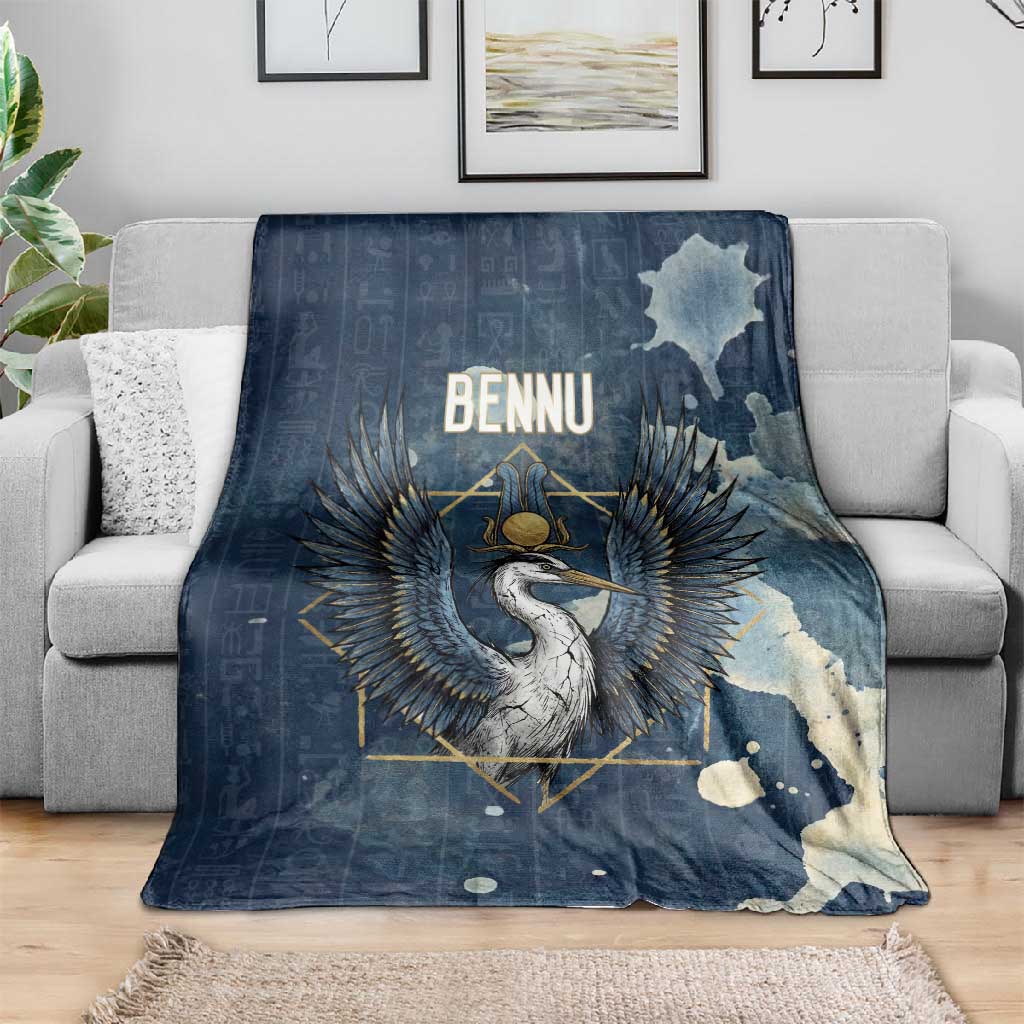 Bennu Ancient Egyptian Blanket with Deep Blue Ink Wash, Winged Bennu Bird and Soul of Ra - Wonder Print Shop