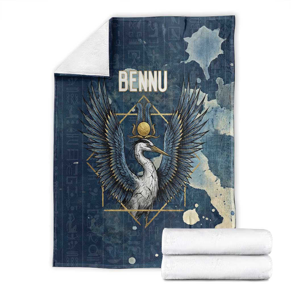 Bennu Ancient Egyptian Blanket with Deep Blue Ink Wash, Winged Bennu Bird and Soul of Ra - Wonder Print Shop