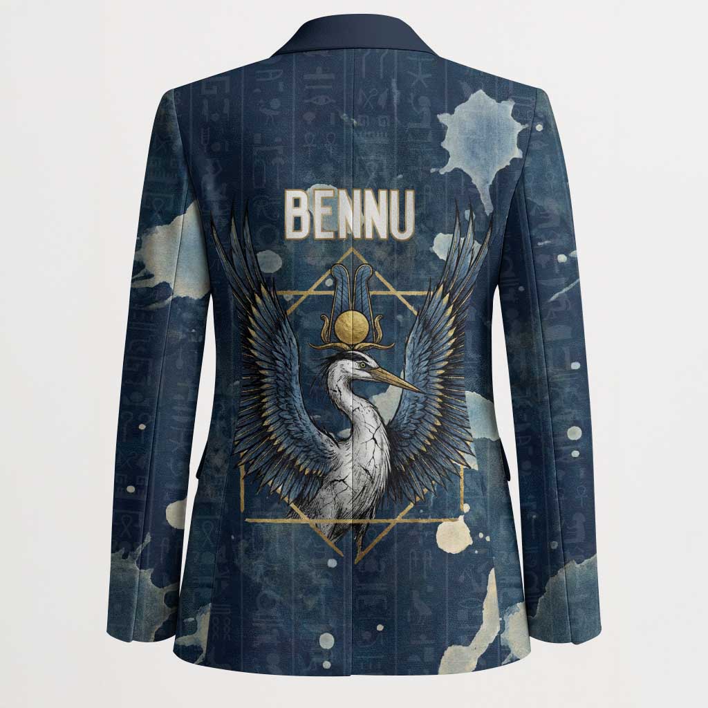 Bennu Ancient Egyptian Blazer with Deep Blue Ink Wash, Winged Bennu Bird and Soul of Ra - Wonder Print Shop