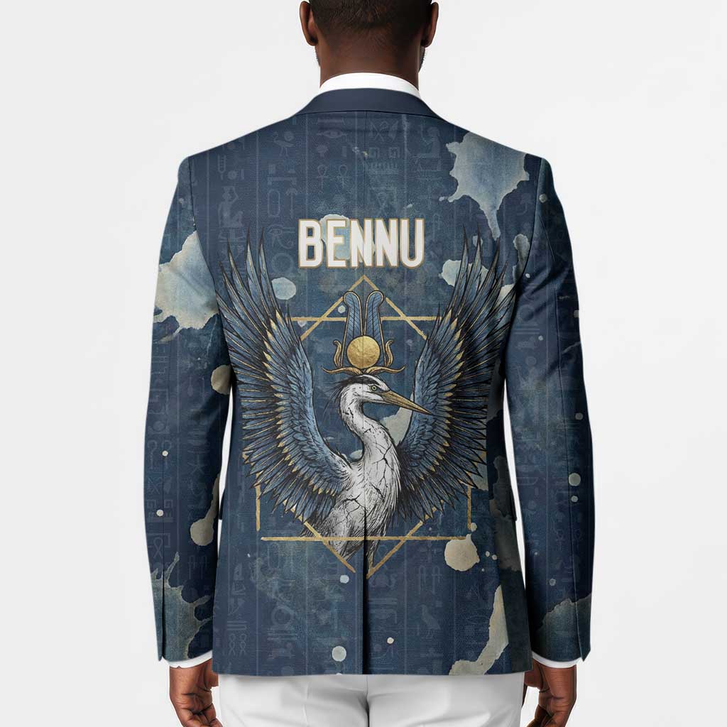 Bennu Ancient Egyptian Blazer with Deep Blue Ink Wash, Winged Bennu Bird and Soul of Ra - Wonder Print Shop