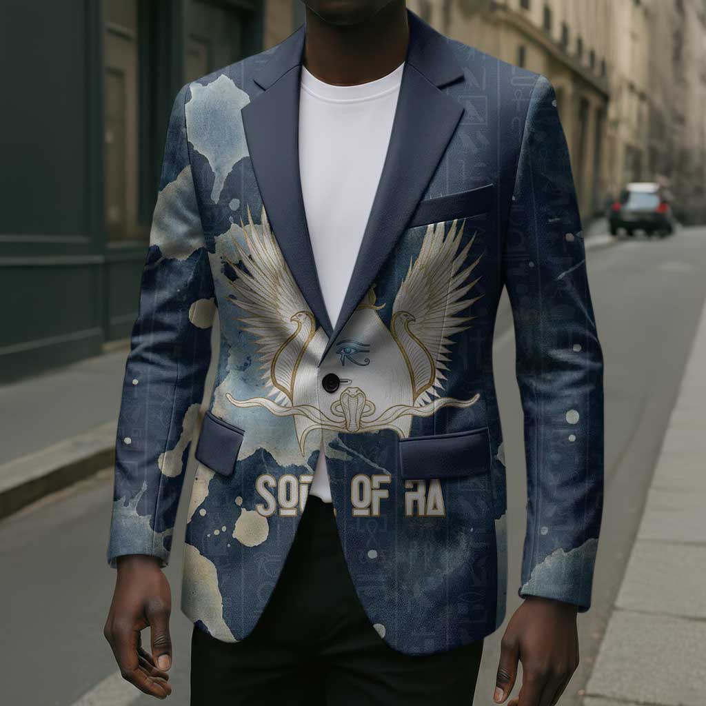 Bennu Ancient Egyptian Blazer with Deep Blue Ink Wash, Winged Bennu Bird and Soul of Ra - Wonder Print Shop