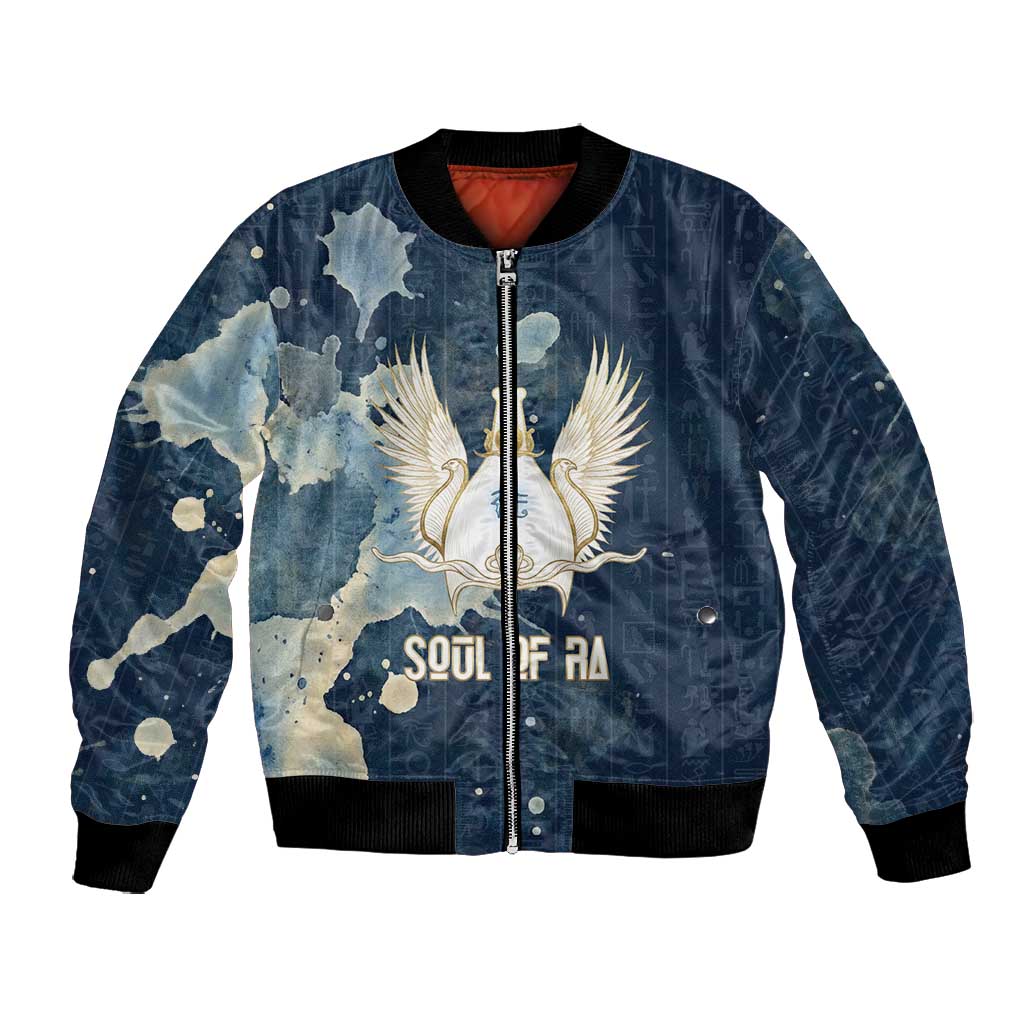 Bennu Ancient Egyptian Bomber Jacket with Deep Blue Ink Wash, Winged Bennu Bird and Soul of Ra - Wonder Print Shop