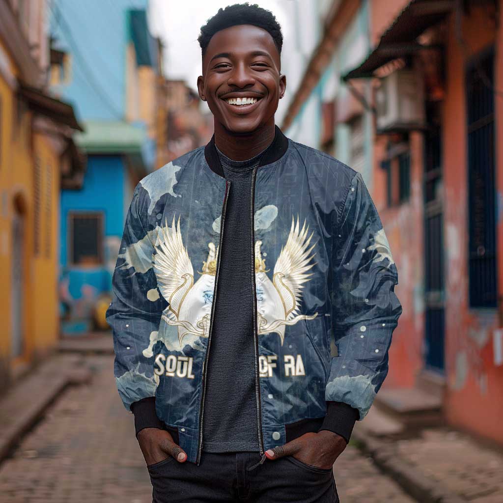Bennu Ancient Egyptian Bomber Jacket with Deep Blue Ink Wash, Winged Bennu Bird and Soul of Ra - Wonder Print Shop