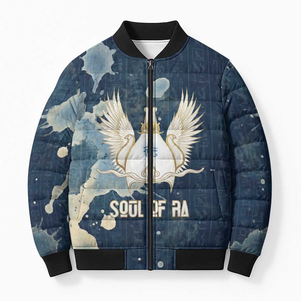 Bennu Ancient Egyptian Bomber Puffer Jacket with Deep Blue Ink Wash, Winged Bennu Bird and Soul of Ra - Wonder Print Shop
