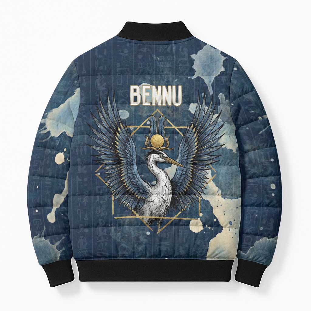Bennu Ancient Egyptian Bomber Puffer Jacket with Deep Blue Ink Wash, Winged Bennu Bird and Soul of Ra - Wonder Print Shop