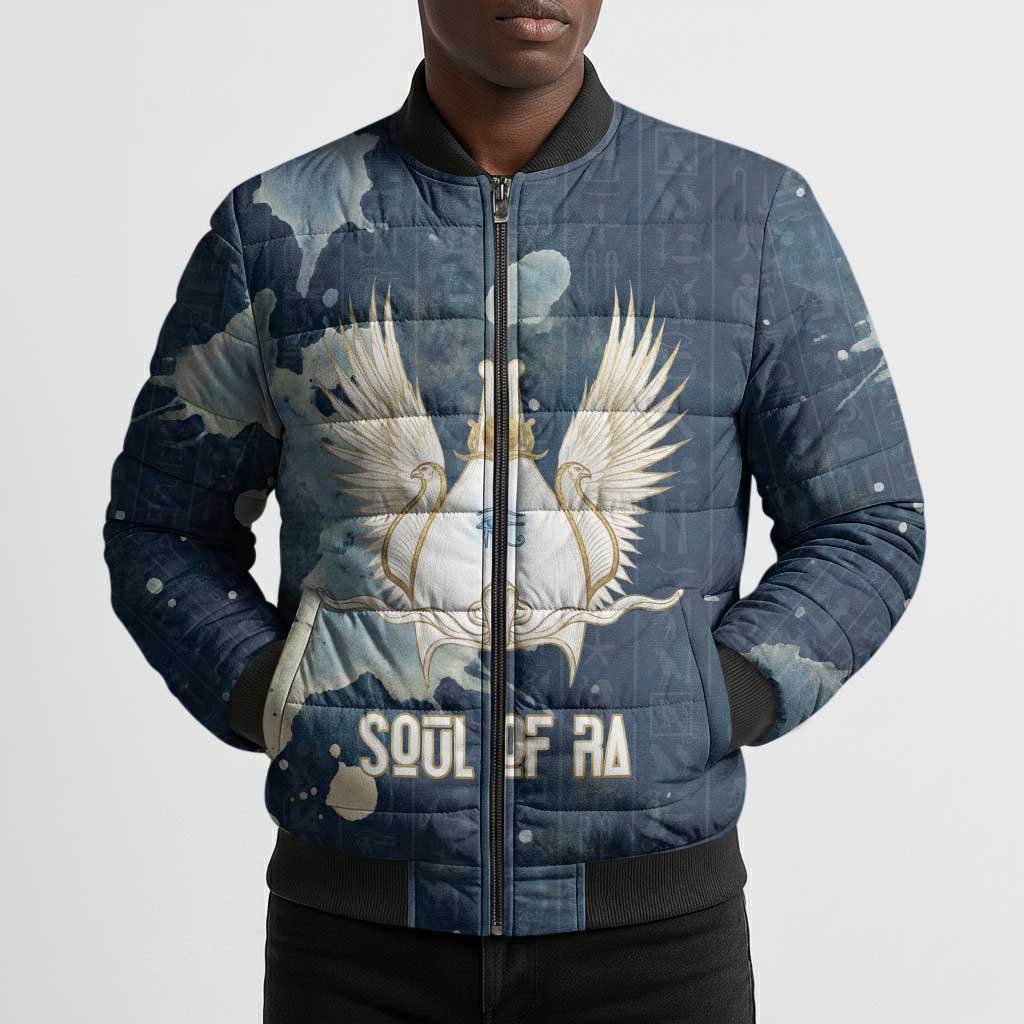 Bennu Ancient Egyptian Bomber Puffer Jacket with Deep Blue Ink Wash, Winged Bennu Bird and Soul of Ra - Wonder Print Shop