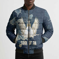 Bennu Ancient Egyptian Bomber Puffer Jacket with Deep Blue Ink Wash, Winged Bennu Bird and Soul of Ra - Wonder Print Shop