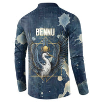 Bennu Ancient Egyptian Button Sweatshirt with Deep Blue Ink Wash, Winged Bennu Bird and Soul of Ra