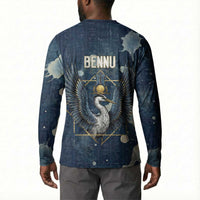 Bennu Ancient Egyptian Button Sweatshirt with Deep Blue Ink Wash, Winged Bennu Bird and Soul of Ra