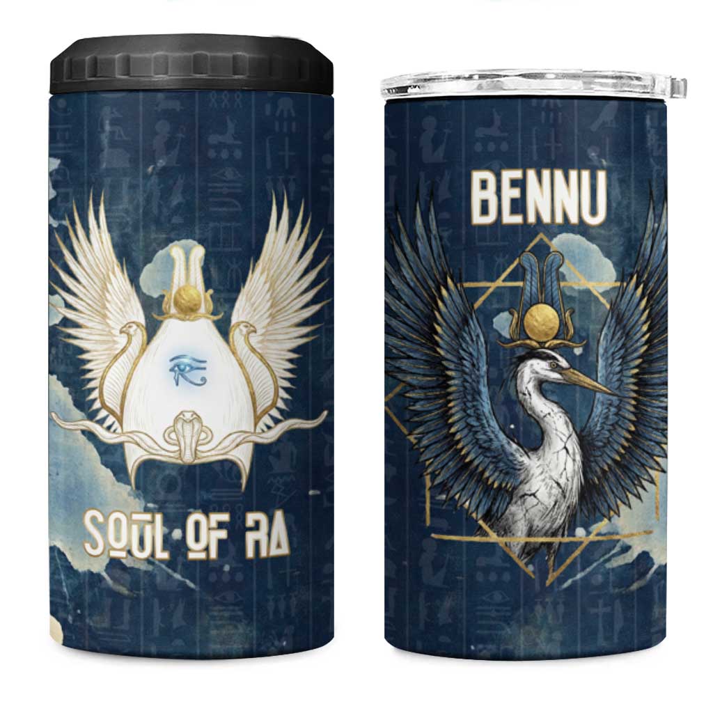 Bennu Ancient Egyptian 4 in 1 Can Cooler Tumbler with Deep Blue Ink Wash, Winged Bennu Bird and Soul of Ra - Wonder Print Shop