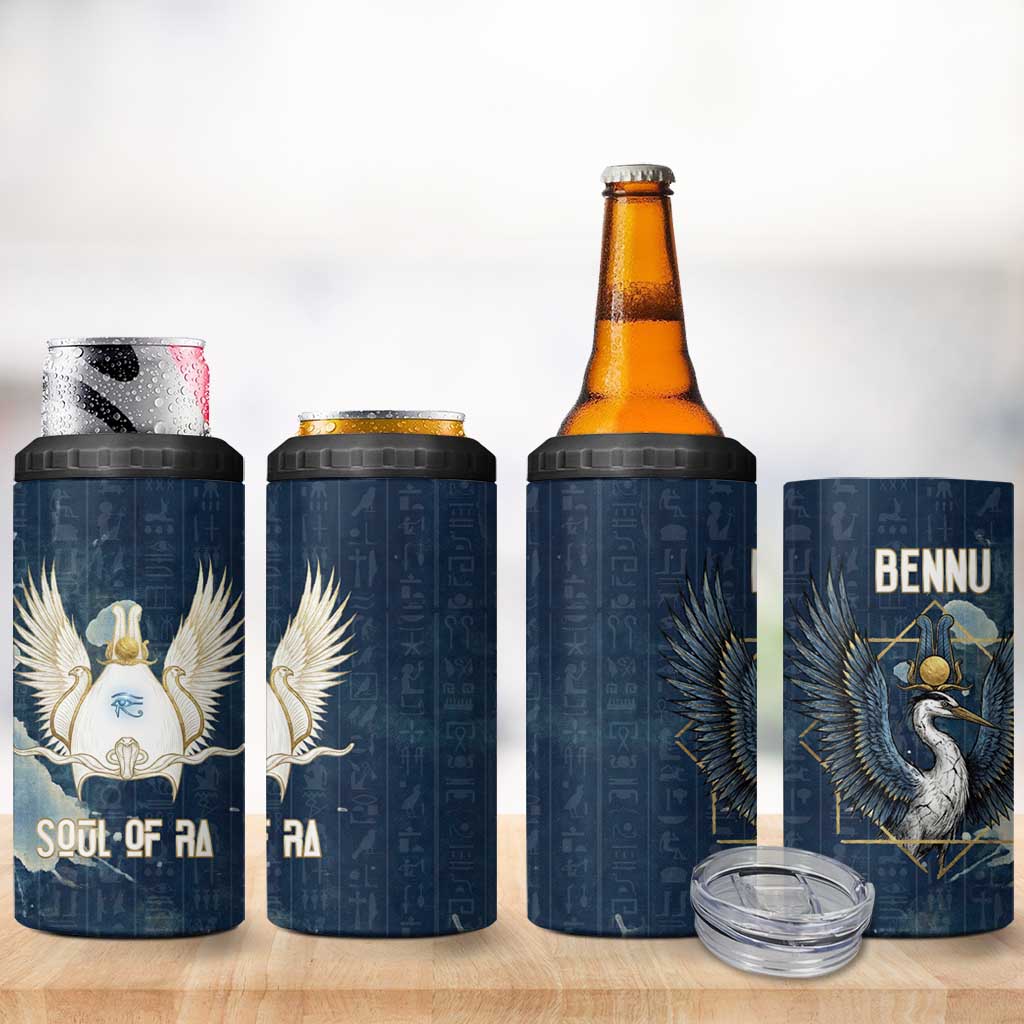 Bennu Ancient Egyptian 4 in 1 Can Cooler Tumbler with Deep Blue Ink Wash, Winged Bennu Bird and Soul of Ra - Wonder Print Shop