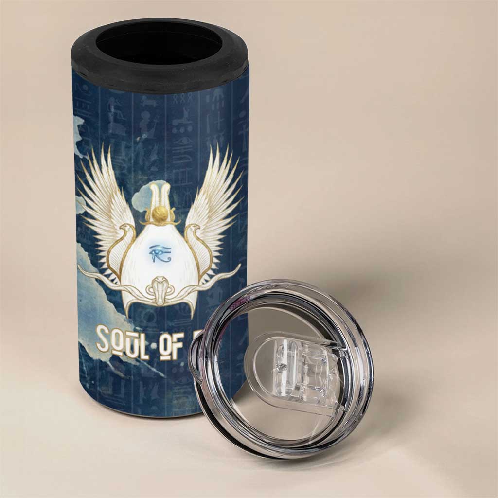 Bennu Ancient Egyptian 4 in 1 Can Cooler Tumbler with Deep Blue Ink Wash, Winged Bennu Bird and Soul of Ra - Wonder Print Shop