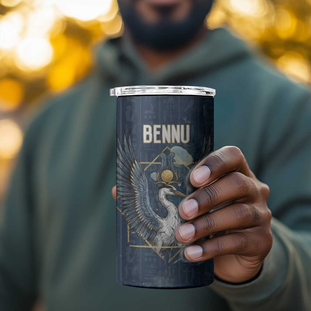 Bennu Ancient Egyptian 4 in 1 Can Cooler Tumbler with Deep Blue Ink Wash, Winged Bennu Bird and Soul of Ra - Wonder Print Shop