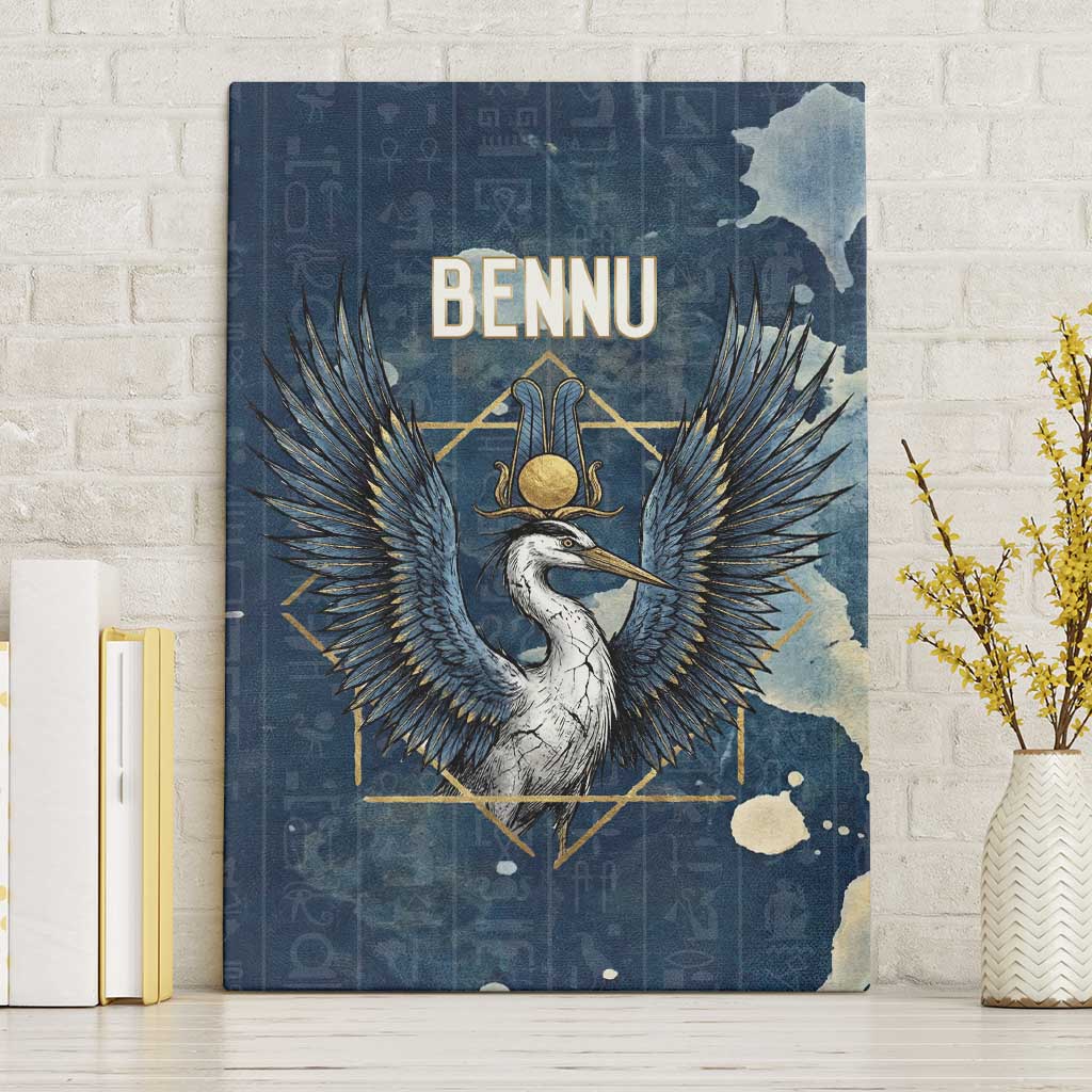 Bennu Ancient Egyptian Canvas Wall Art with Deep Blue Ink Wash, Winged Bennu Bird and Soul of Ra - Wonder Print Shop