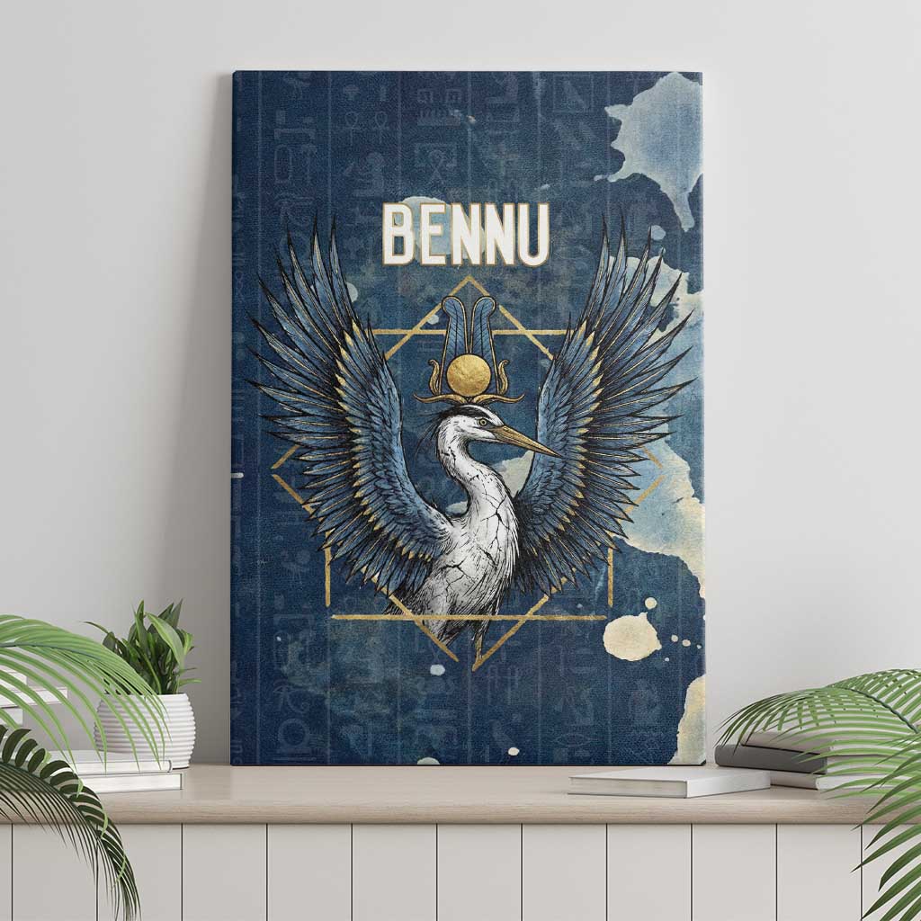 Bennu Ancient Egyptian Canvas Wall Art with Deep Blue Ink Wash, Winged Bennu Bird and Soul of Ra - Wonder Print Shop