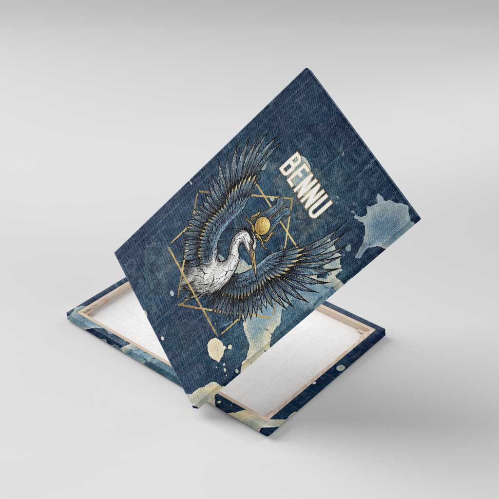 Bennu Ancient Egyptian Canvas Wall Art with Deep Blue Ink Wash, Winged Bennu Bird and Soul of Ra - Wonder Print Shop